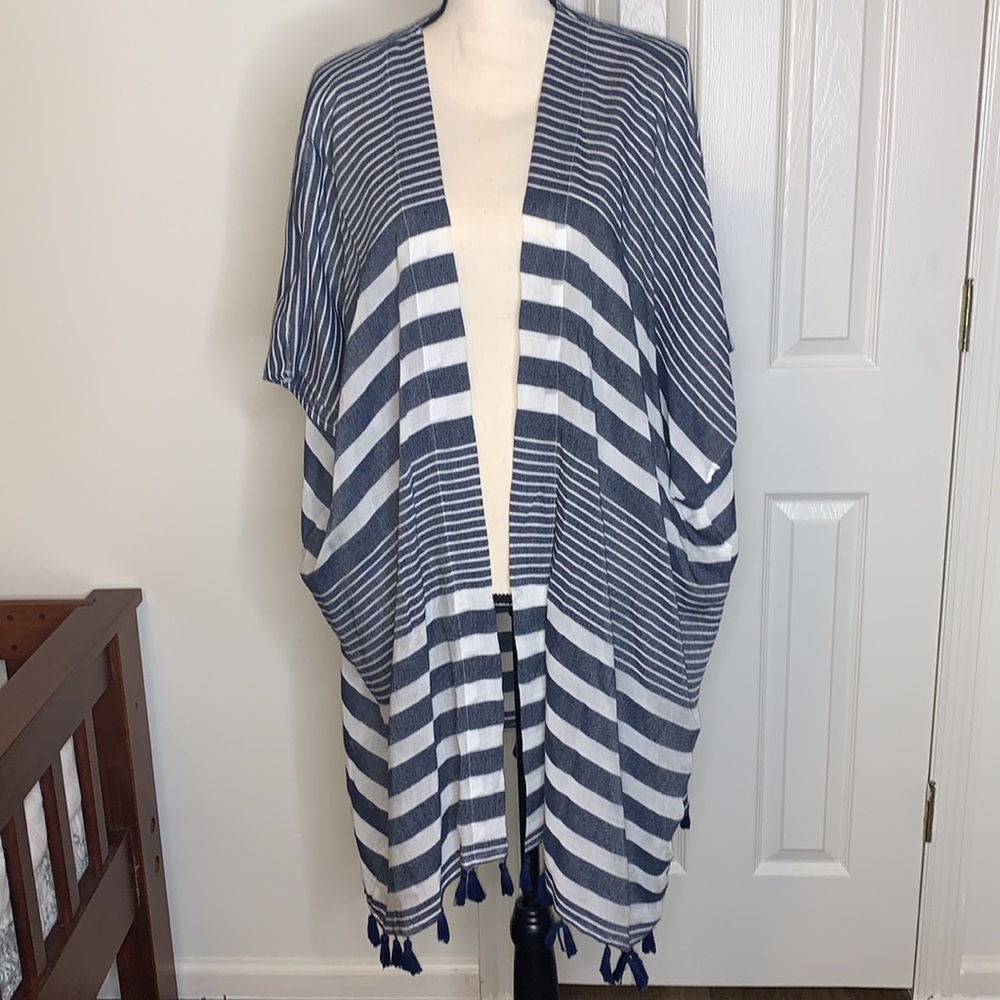 LOFT Navy and White Striped Open Front Kimono Cardigan